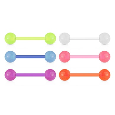 6 tongue barbells made of glow in the dark acrylic