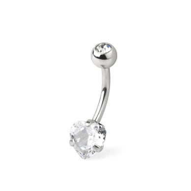 Belly button ring with bottom heart-shaped gem