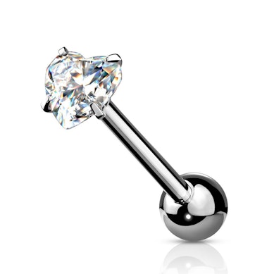 Tongue barbell with prong set heart stone