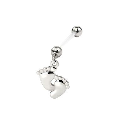 Pregnancy belly button ring with shiny feet dangle.-Silver