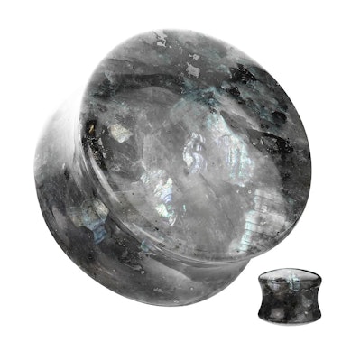 Double flared plug in natural black labradorite