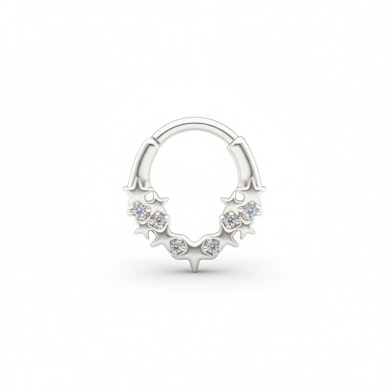 Žiedinis auskaras su priekyje esančiomis žvaigždutėmis ir akmenukais