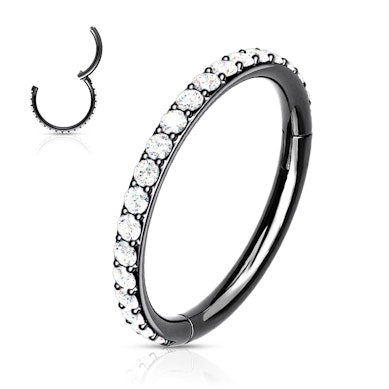 Hinged ring made of surgical steel with outward facing stones.