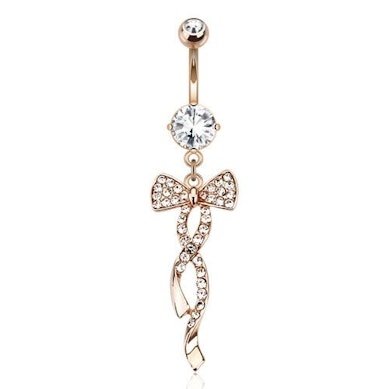 Belly button ring rose gold-plated with studded bow dangle
