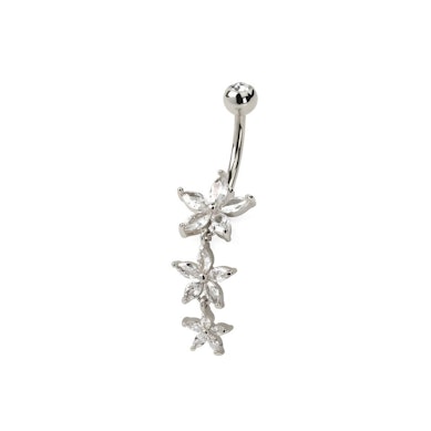 Belly button ring with three marquise stone flowers dangle