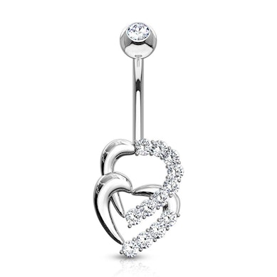 Belly button ring with two hearts made of 14k gold