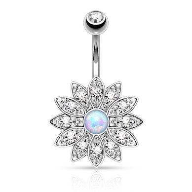 Belly button ring with large flower and opal stone center