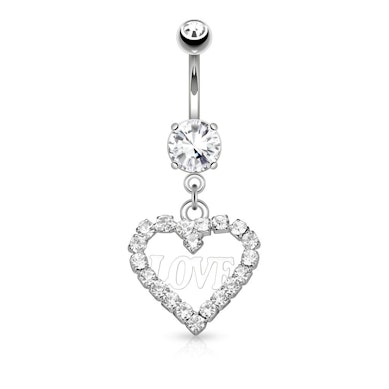 Belly button ring with studded heart and love text dangle