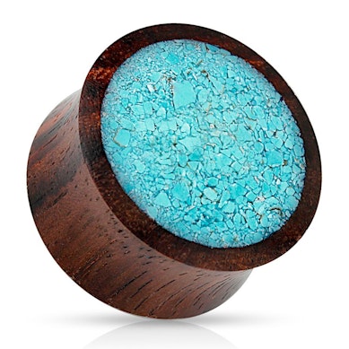 Plug made of wood with broken look turquoise stone