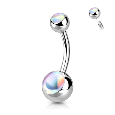 Belly button ring with double iridescent stone