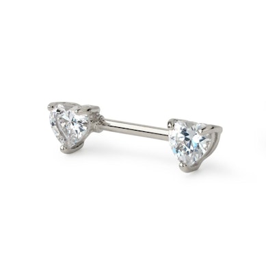 Nipple barbell with heart-shaped zirconia stones in your choice of color