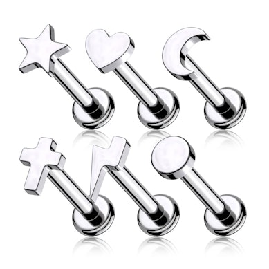 Labret made of titanium with internally threaded top in different designs