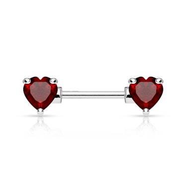 Nipple barbell with heart-shaped zirconia stones in your choice of color