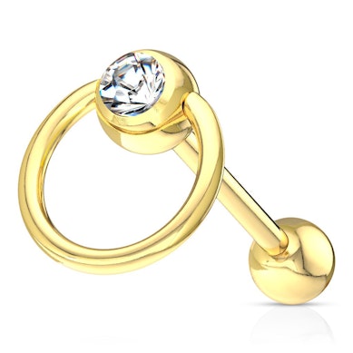 Tongue barbell gold-plated with captive bead ring