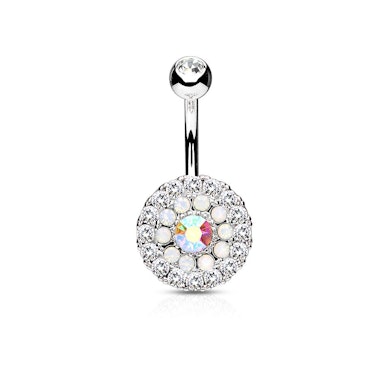 Belly button ring with opalite shield