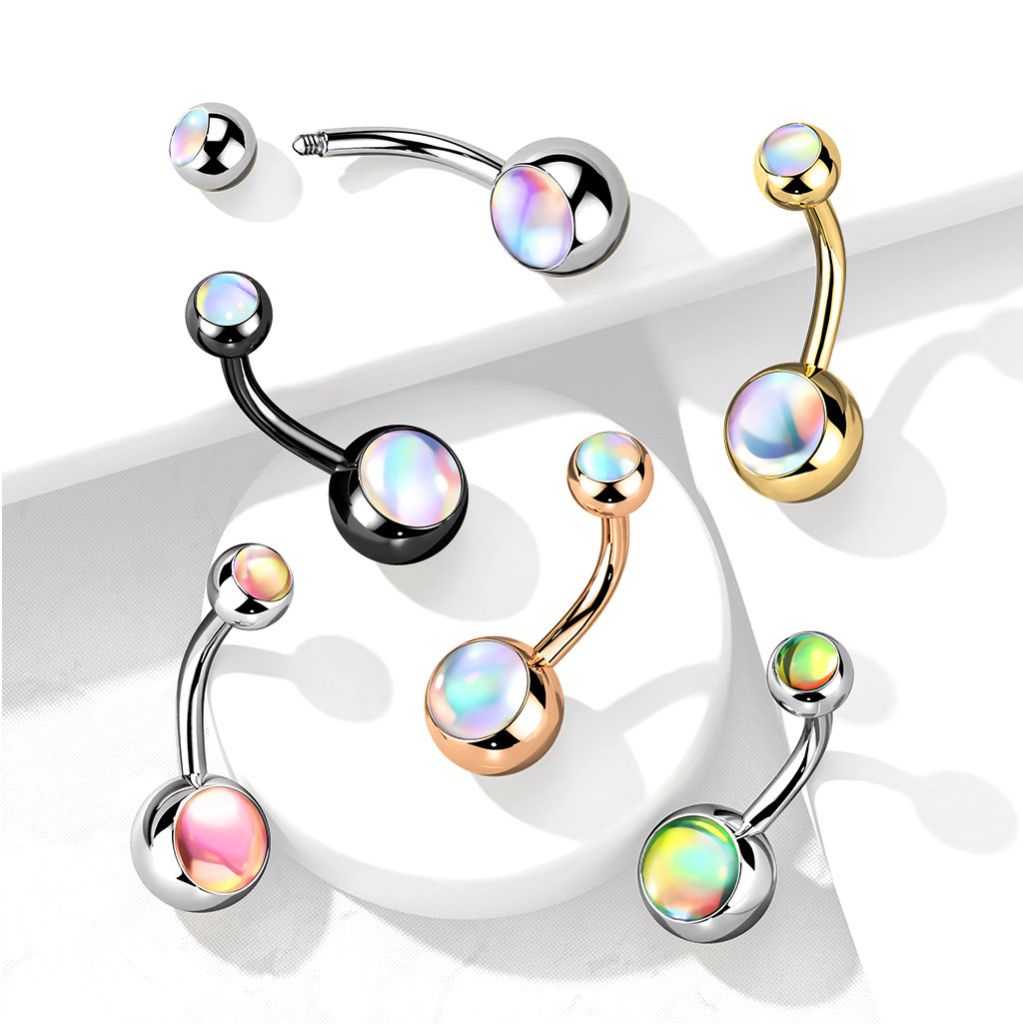 Gorgeous belly button ring with double iridescent stone