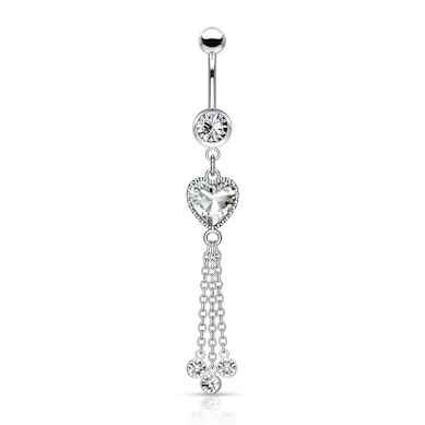 Belly button ring with heart-shaped gem and chains