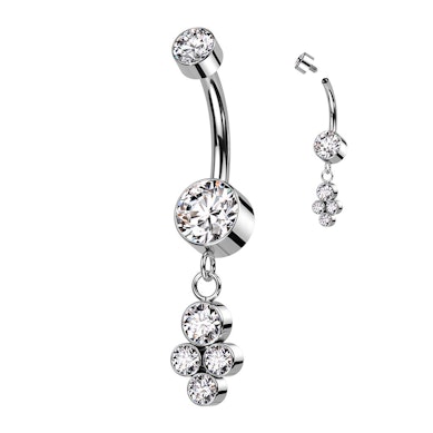Belly button ring made of titanium with a dangling cluster of bezel-set stones