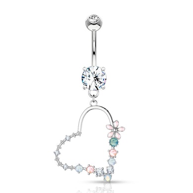 Belly button ring with heart dangle and opalite studded flower