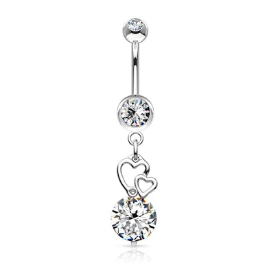 Belly button ring with hearts and large crystal dangle