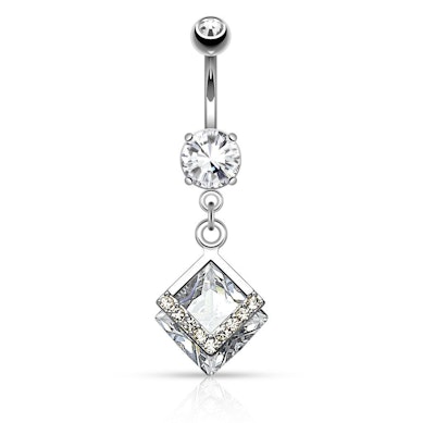 Belly button ring with studded square dangle