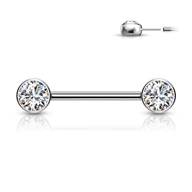 Nipple barbell made of titanium with threadless push-in bezel set stones