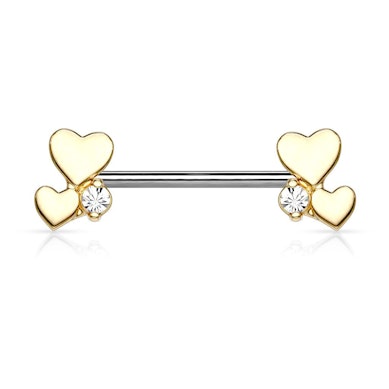 Nipple barbell with two hearts and gem
