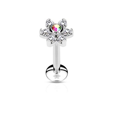 Labret with internally threaded post and top flower cham