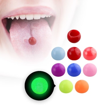 Fake tongue piercing made in luminescent acrylic