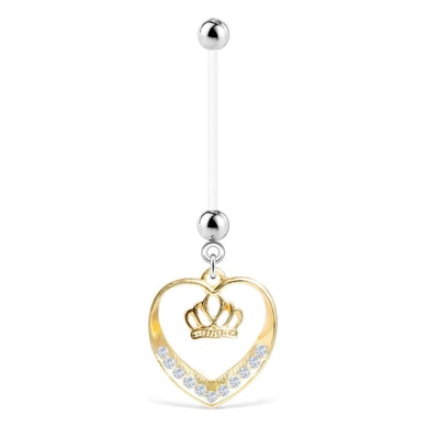 Pregnancy belly ring with heart and crown dangle