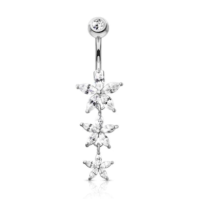 Belly button ring with three marquise stone flowers dangle