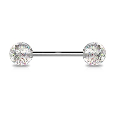 Tongue barbell made of titanium with glitter balls
