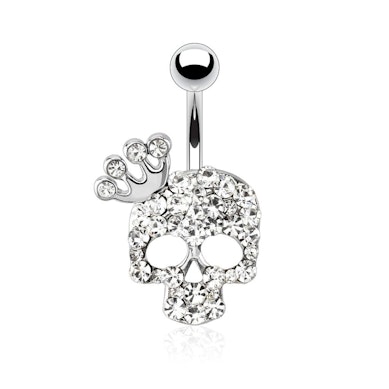 Belly button ring with studded skull and crown