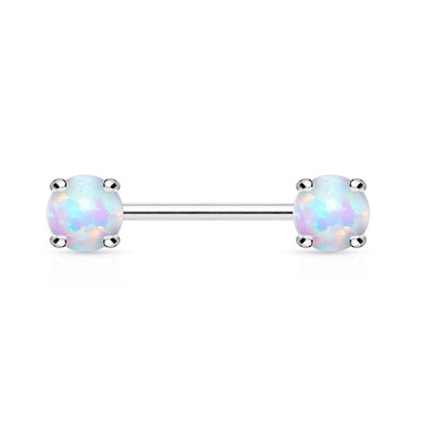 Nipple barbell made of 14k gold with opal stones