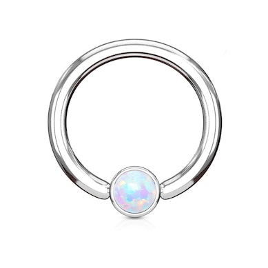 Captive bead ring with a cylinder ball and opal stone