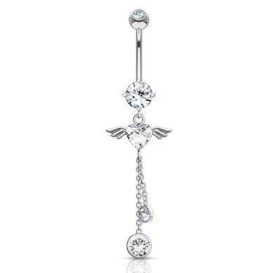 Belly ring made of 14k gold with angel wings and crystal gems dangle