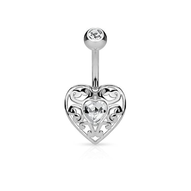 Belly button ring with charm and stone heart-shaped