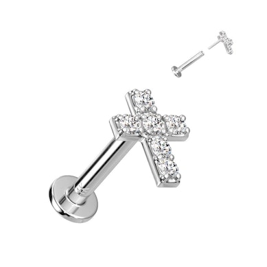 Push-in labret made of 14K gold with studded cross