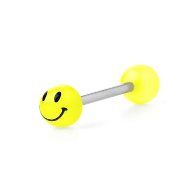 Tongue barbell with glow in the dark smiley face balls