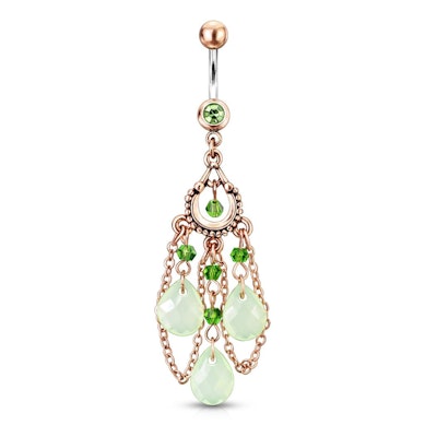 Belly button ring with green drop-shaped stones dangle