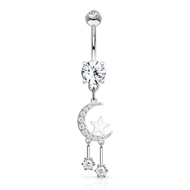 Belly button ring with crescent moon and stars dangle