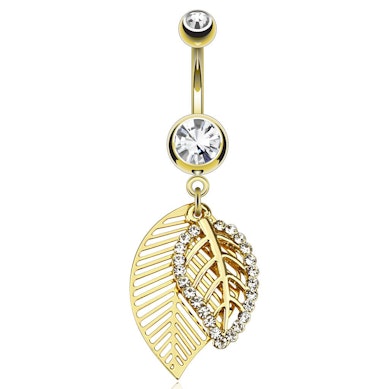 Belly button ring with leaves dangle and gold-plating