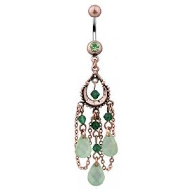 Belly button ring with green drop-shaped stones dangle