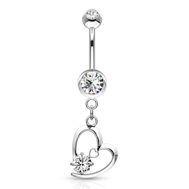 Belly button ring with heart and gem dangle