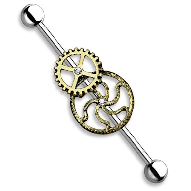 Straight barbell with antiqued gear charms