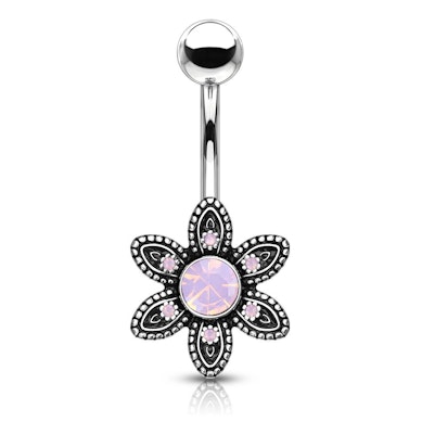 Belly button ring with flower and round opalite