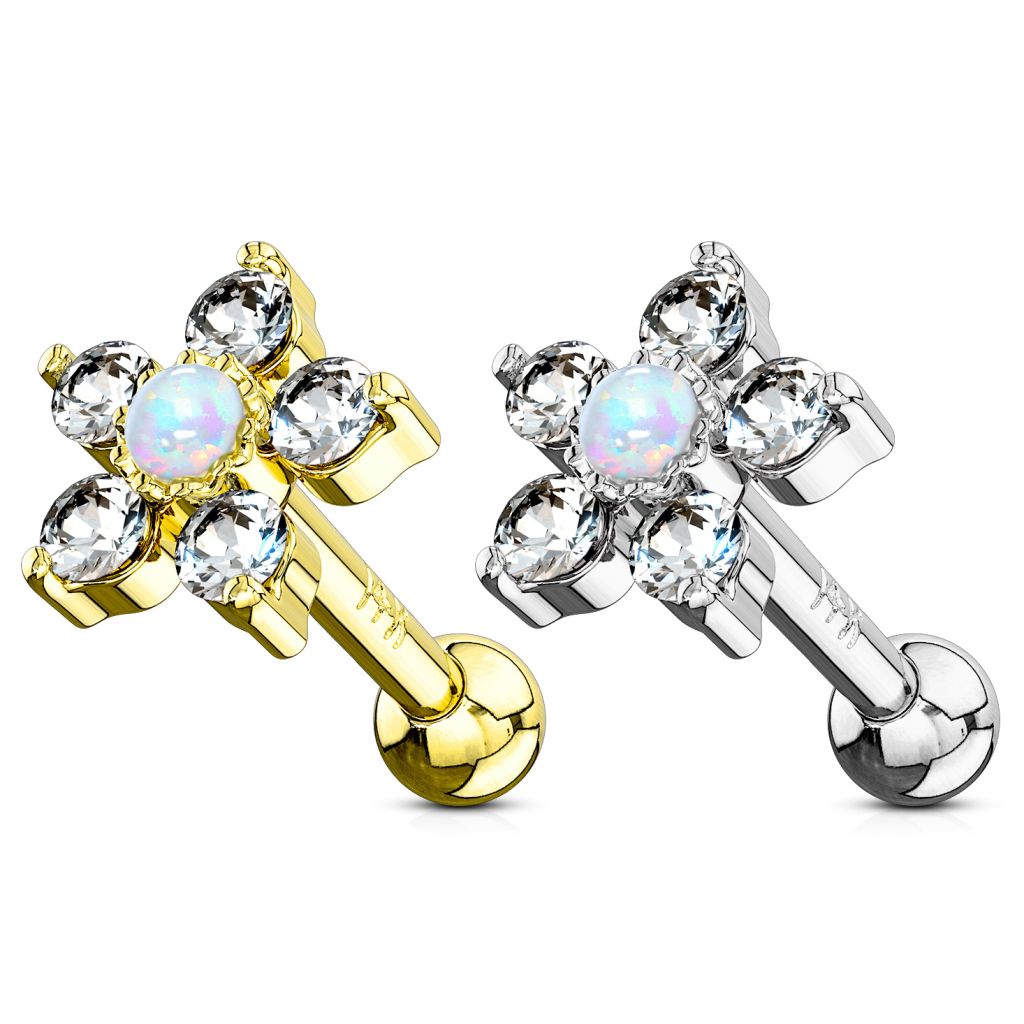 Delicate 14k gold ear piercing with top flower charm and central opal stone