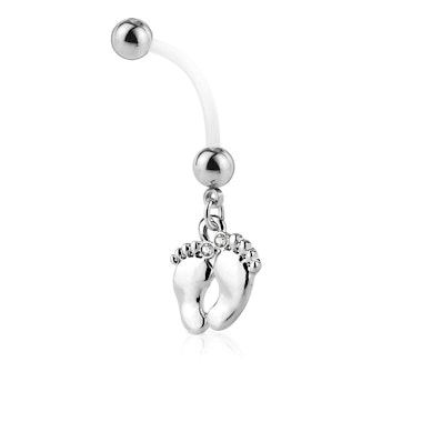 Pregnancy belly button ring with shiny feet dangle