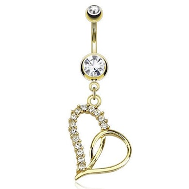 Belly button ring gold plated with heart dangle and clear stones