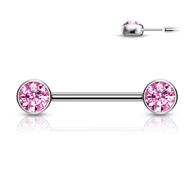 Nipple barbell made of titanium with threadless push-in bezel set stones.